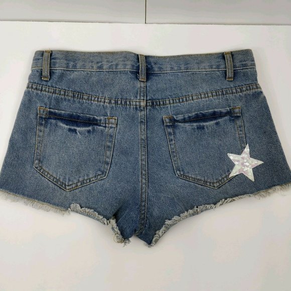 Forever 21 Size M Raw Hem Ripped Sequin Stars Denim Boyfriend Shorts - Picture 3 of 8